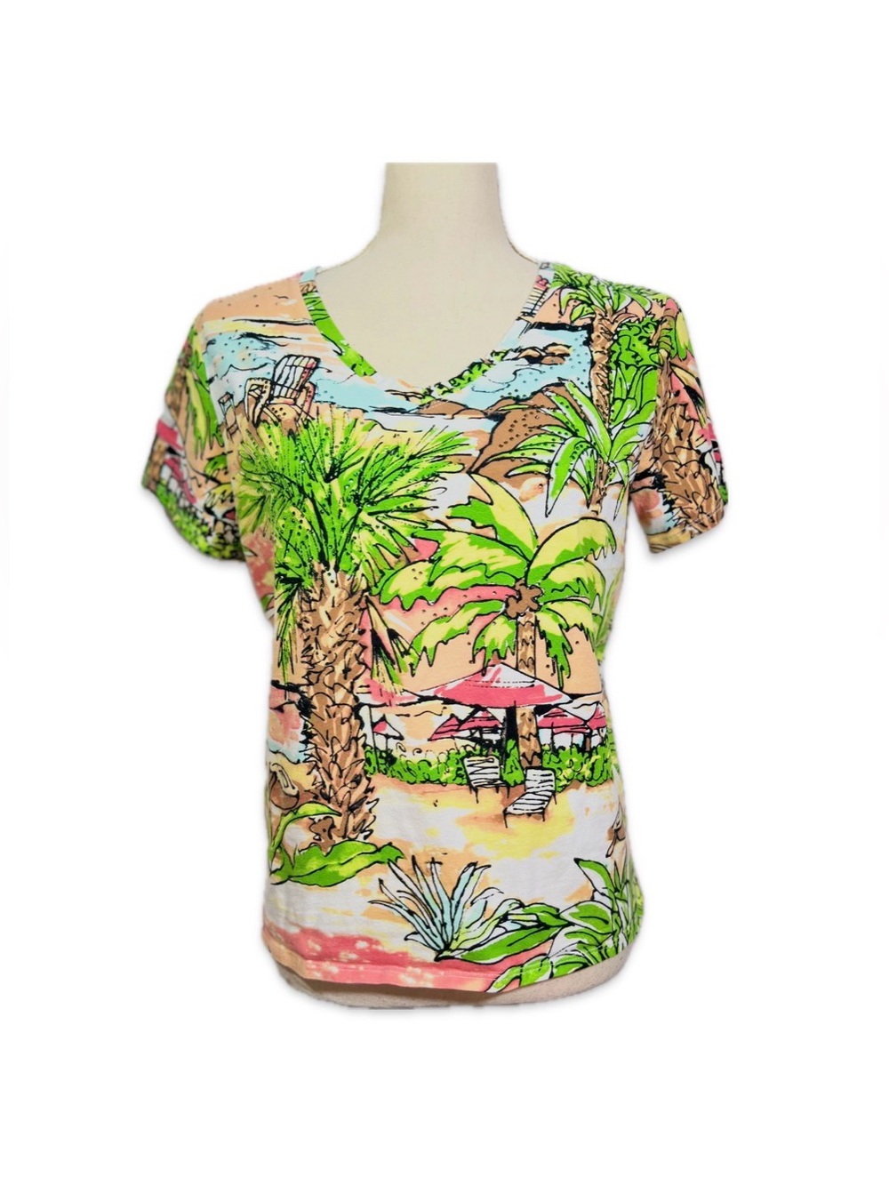 Onque Casuals Tropical Palm Tree Sequin Tee Large V-Neck Pink Coastal Top